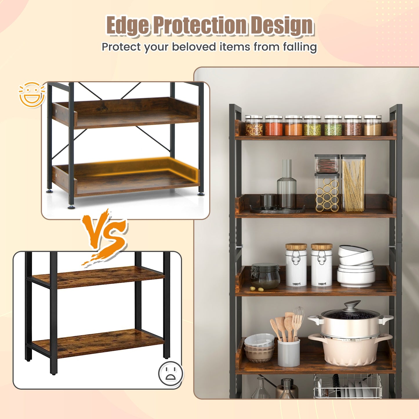 6-Tier Tall Industrial Bookcase, Open Shelves, 4 Hooks, Brown Bookcases at Gallery Canada