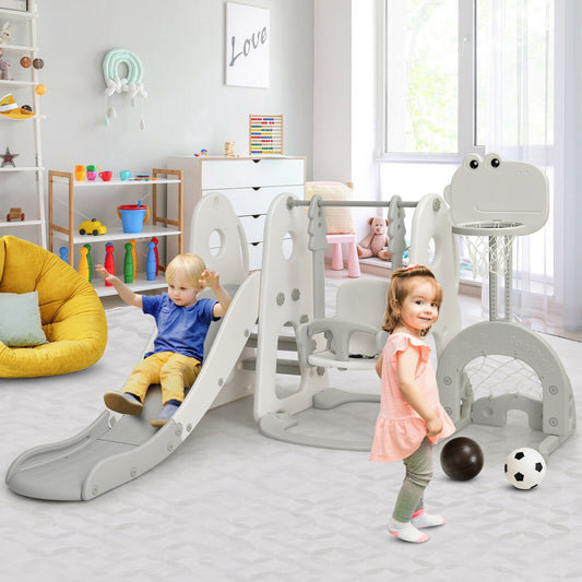 6 In 1 Toddler Slide Swing Set With Ball Games, White