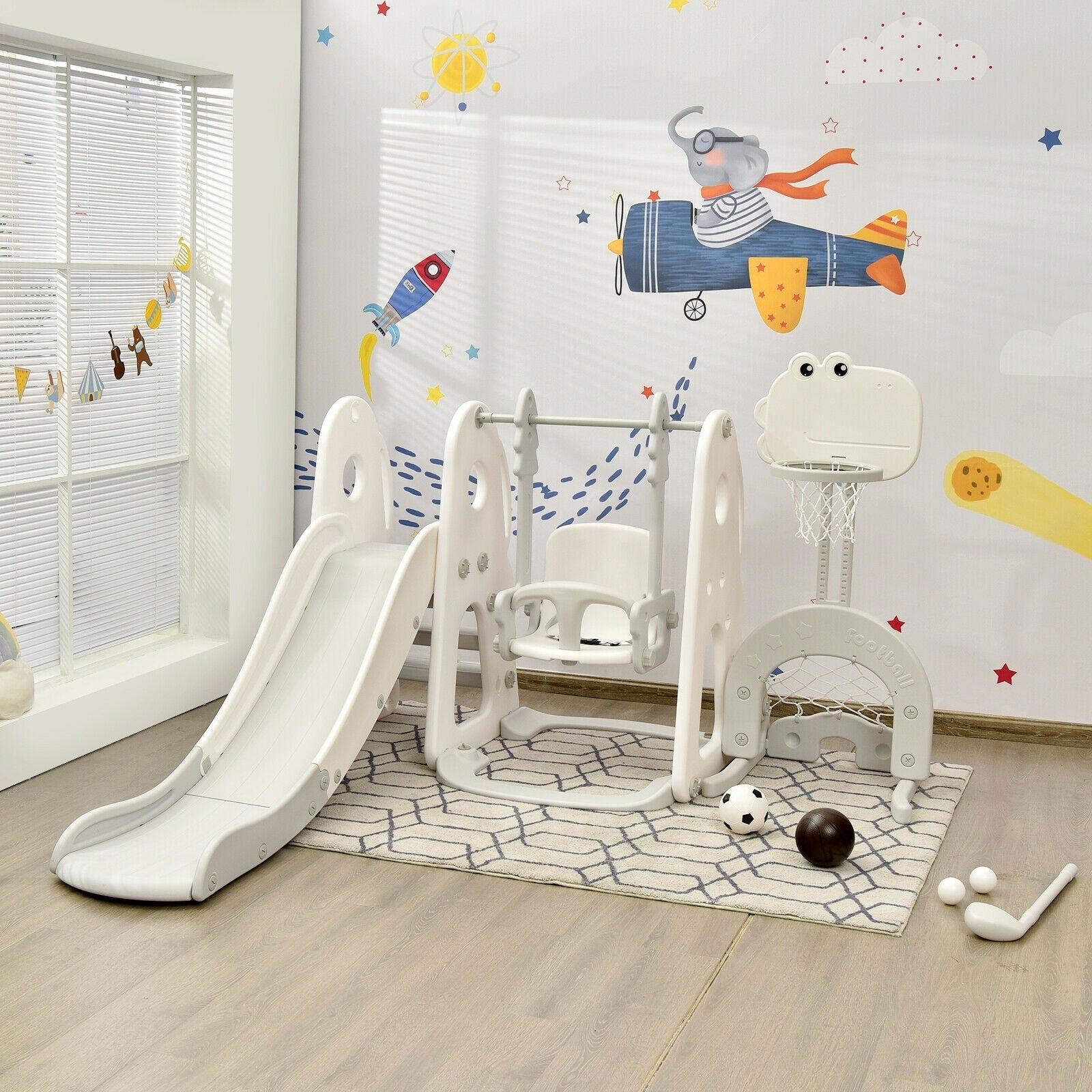 6 in 1 Toddler Slide and Swing Set with Ball Games, White Outdoor Play at Gallery Canada