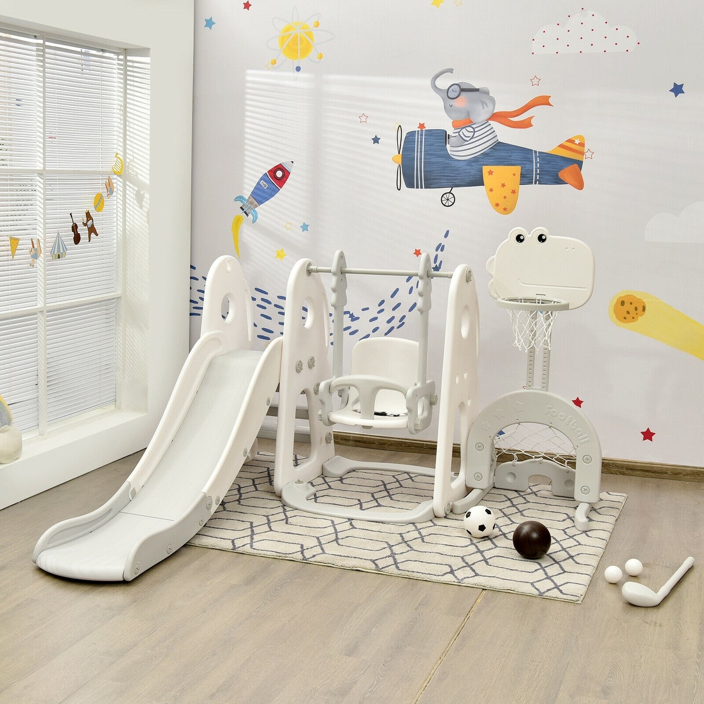 6 in 1 Toddler Slide and Swing Set with Ball Games, White Outdoor Play at Gallery Canada