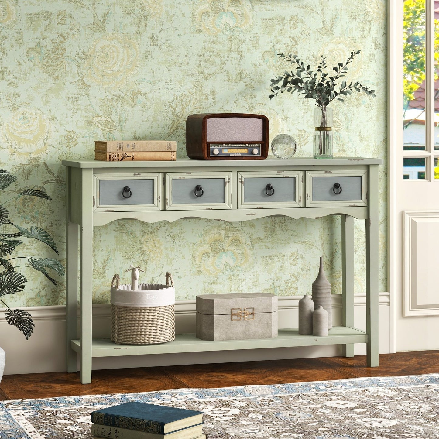 48 Inch Farmhouse Console Table with 2 Drawers and Open Storage Shelf for Hallway, Green