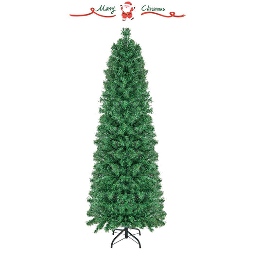 5/6/7/8 FT Pre-Lit Christmas Pencil Tree with Colorful Fiber Optics Green-5 ft, Green