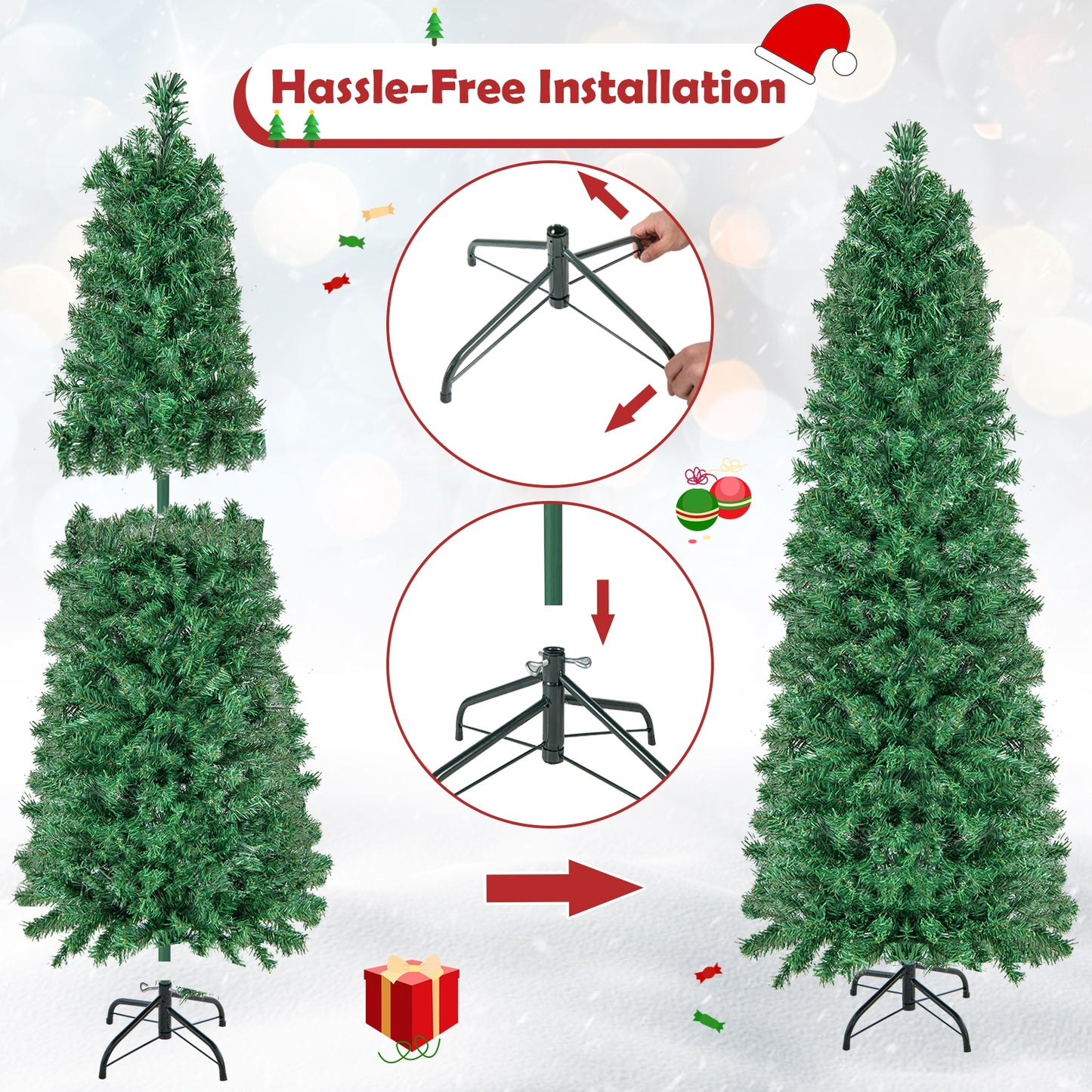 5/6/7/8 FT Pre-Lit Christmas Pencil Tree with Colorful Fiber Optics Green-5 ft, Green Christmas Tree at Gallery Canada