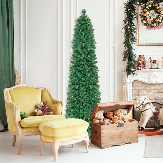 5/6/7/8 FT Pre-Lit Christmas Pencil Tree with Colorful Fiber Optics Green-7 ft, Green Christmas Tree 7 ft at Gallery Canada