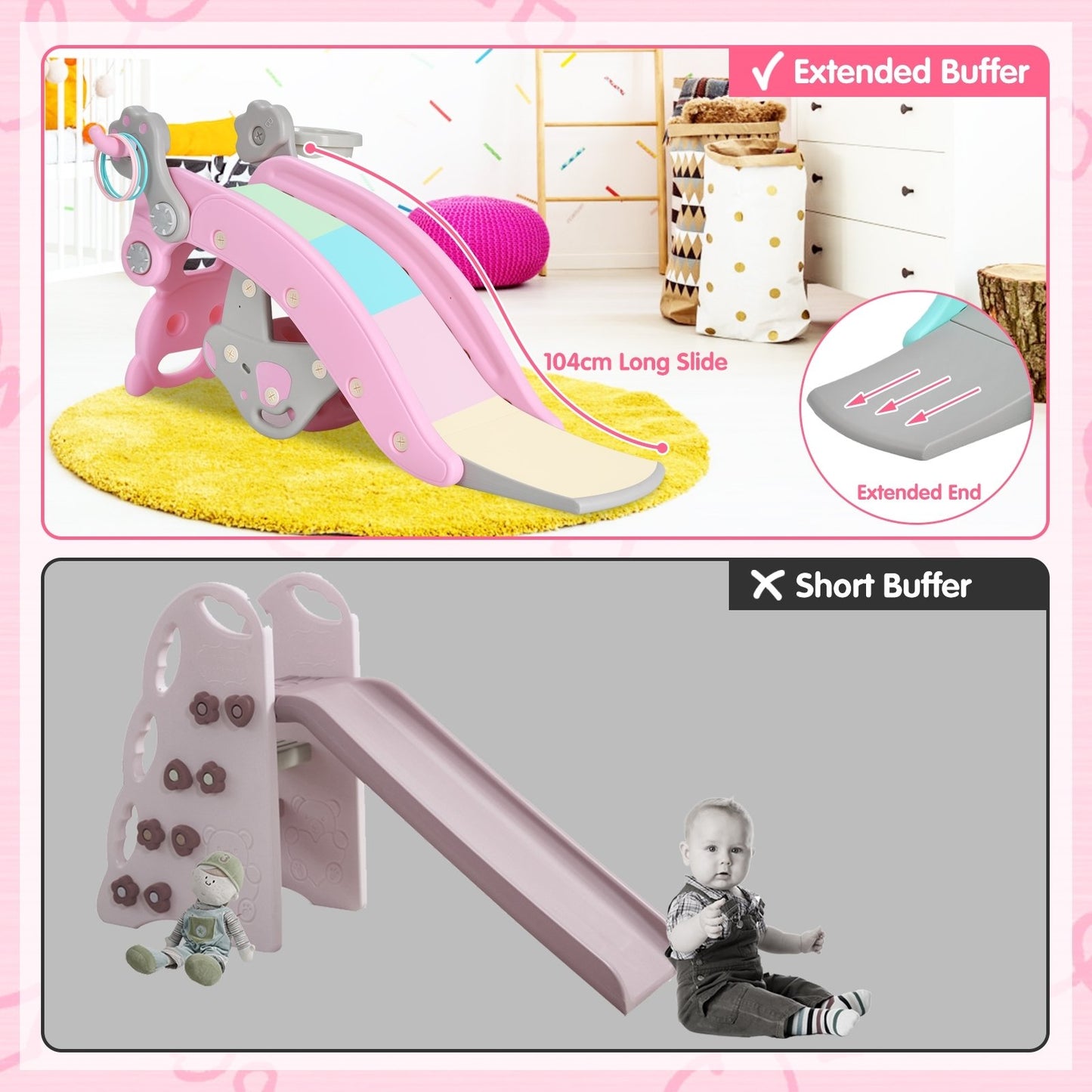 4-in-1 Toddler Slide and Rocking Horse Playset with Basketball Hoop, Pink