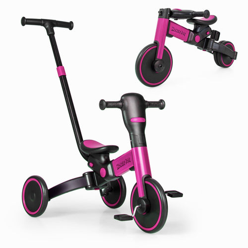 4-in-1 Kids Tricycle with Adjustable Parent Push Handle and Detachable Pedals, Pink
