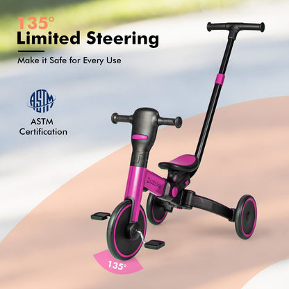 4-in-1 Kids Tricycle with Adjustable Parent Push Handle and Detachable Pedals, Pink at Gallery Canada