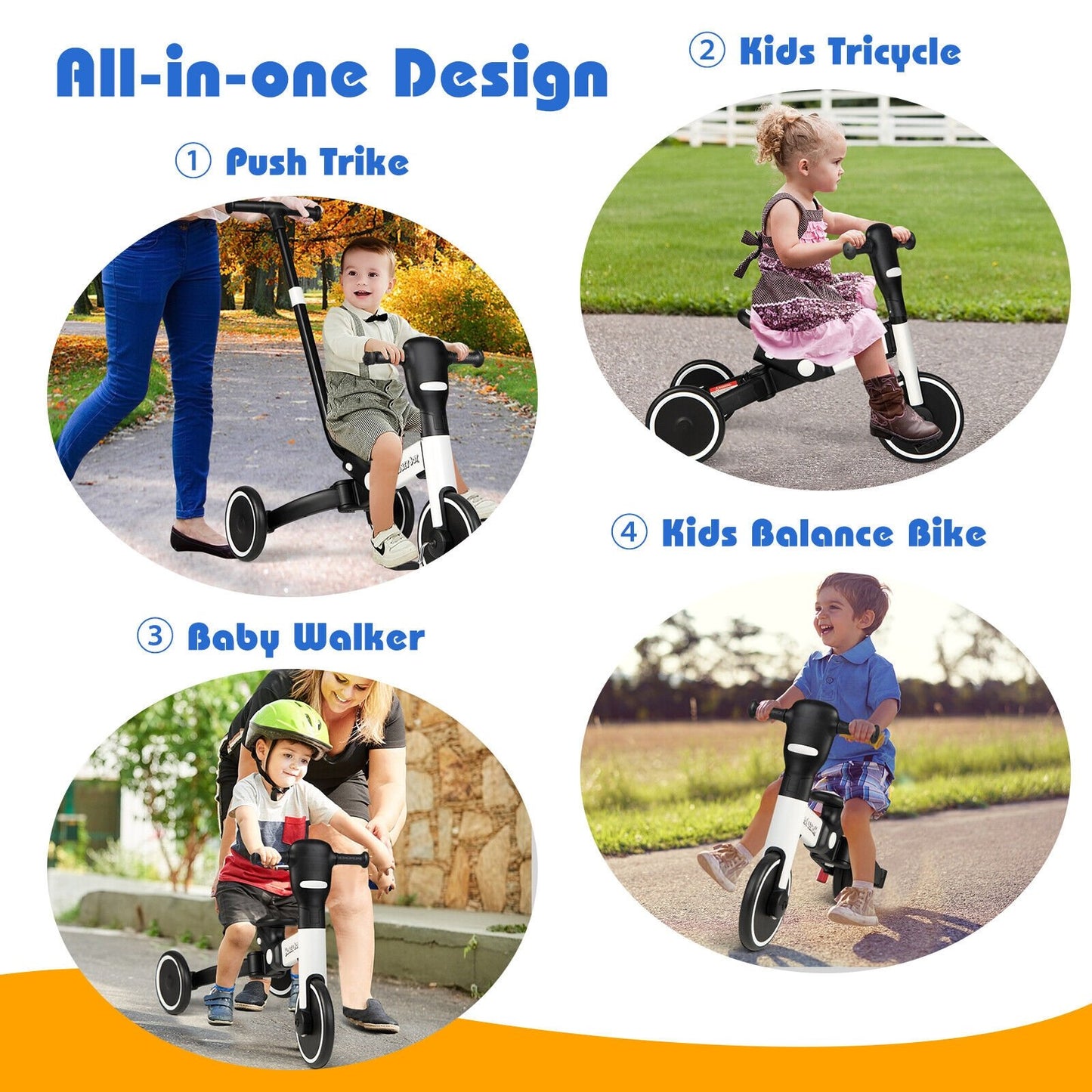4-in-1 Kids Tricycle with Adjustable Parent Push Handle and Detachable Pedals, White