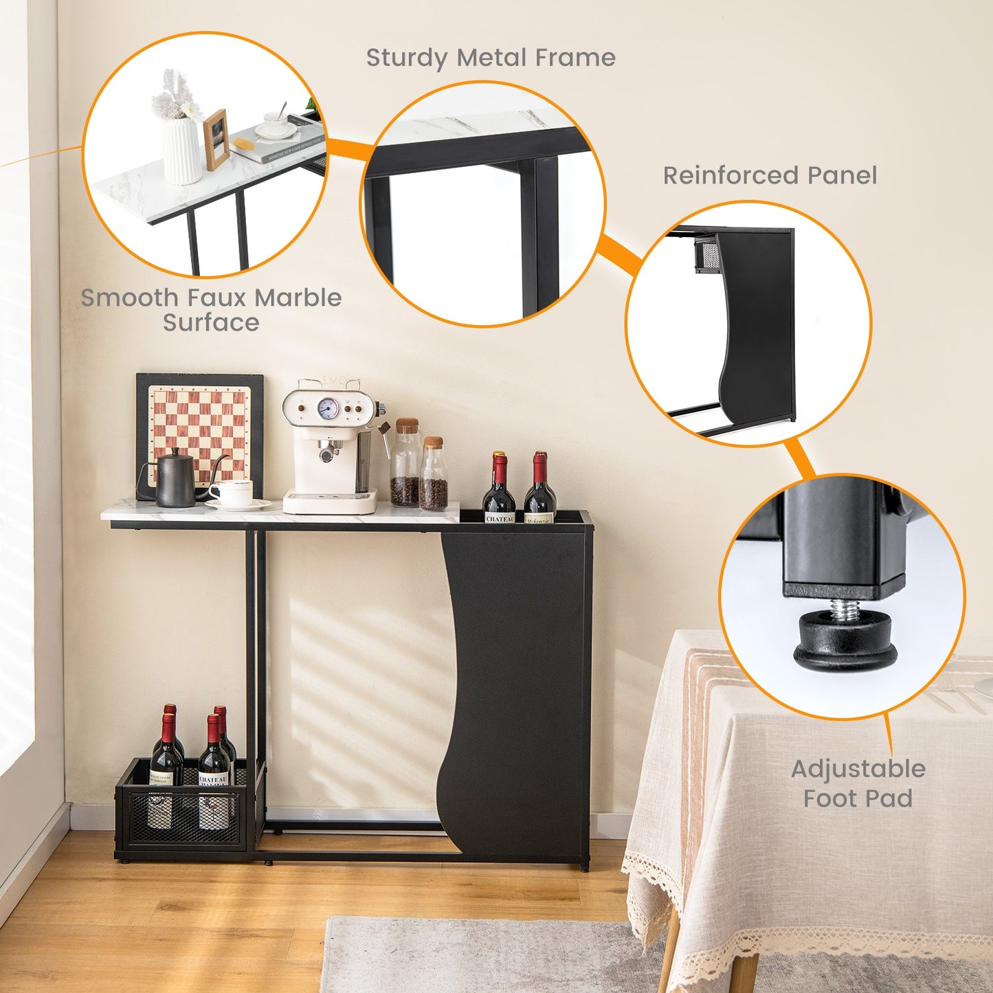 43.5 Inch Console Table with Plant Position and Faux Marble Top, Black Console Tables at Gallery Canada