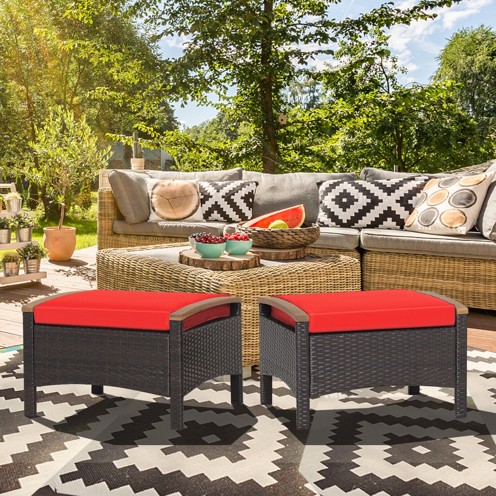 Set of 2 Fade-Resistant Wicker Patio Ottoman, Red Outdoor Seating & Patio Chairs at Gallery Canada