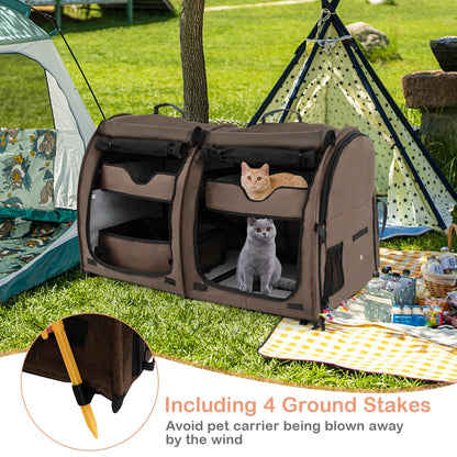 Double Compartment Pet Carrier with 2 Removable Hammocks, Brown