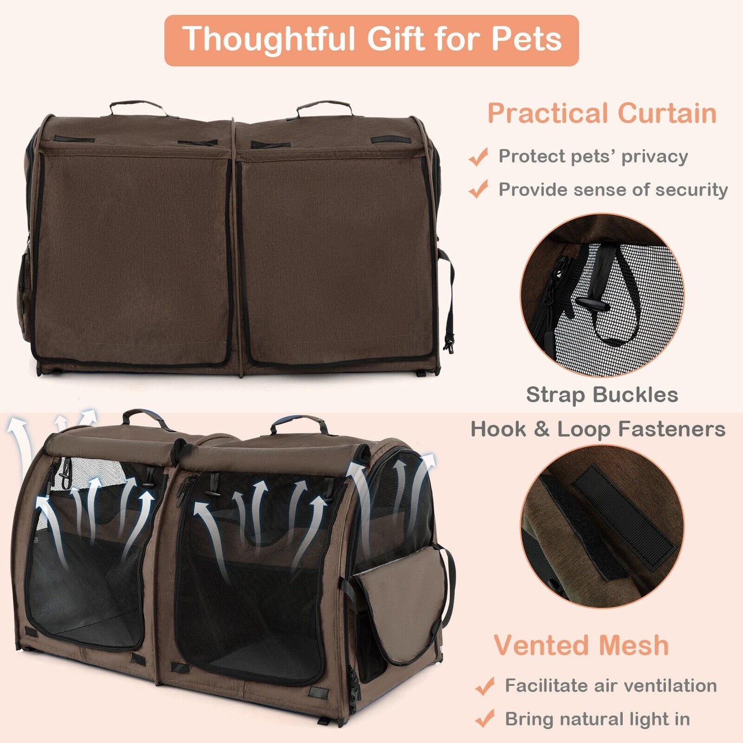 Double Compartment Pet Carrier with 2 Removable Hammocks, Brown