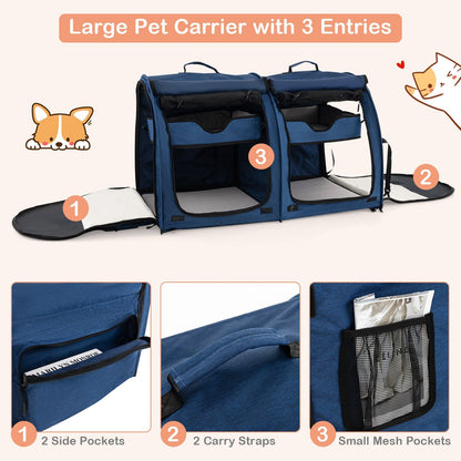 Double Compartment Pet Carrier with 2 Removable Hammocks, Navy