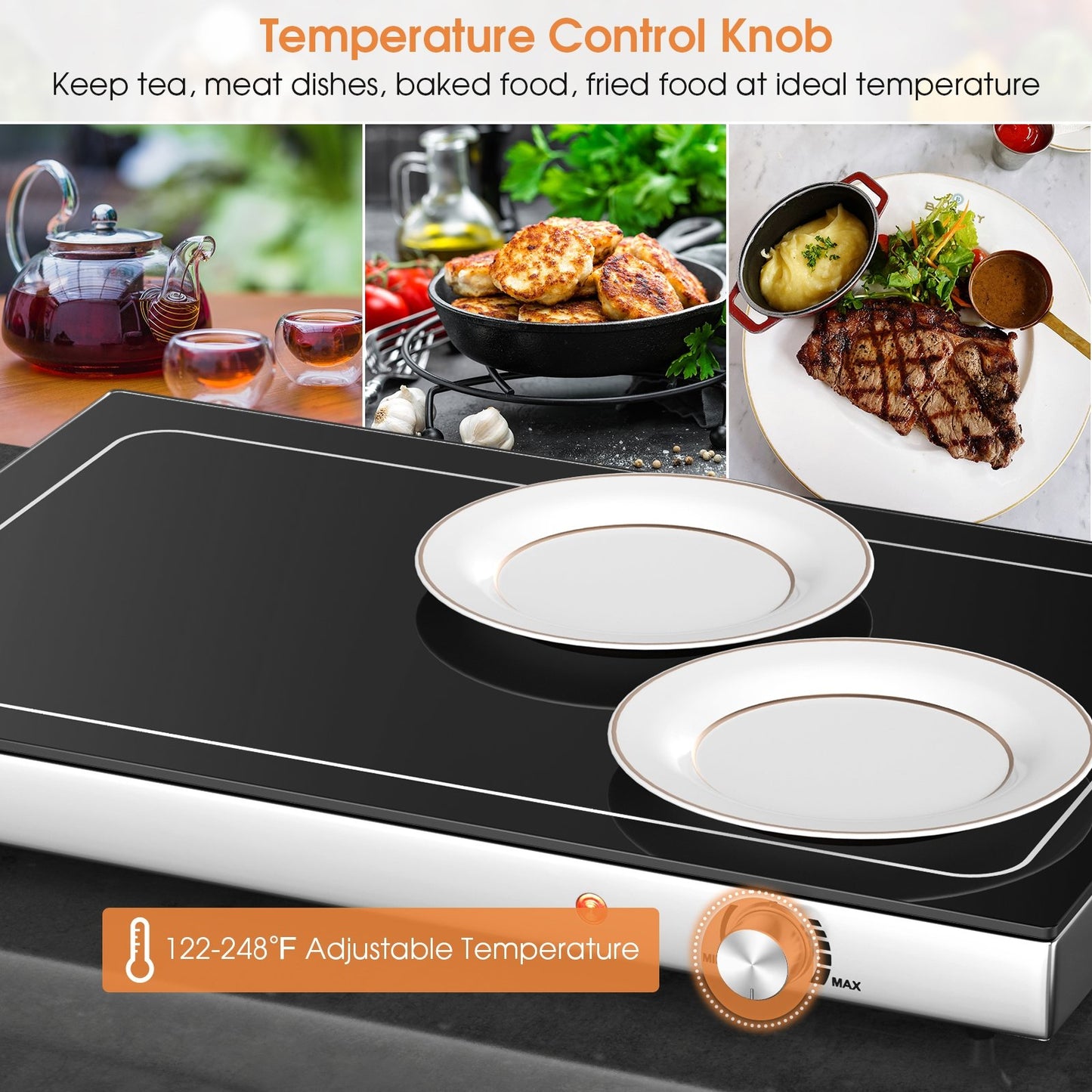 Electric Warming Tray with Adjustable Temperature Control, Black