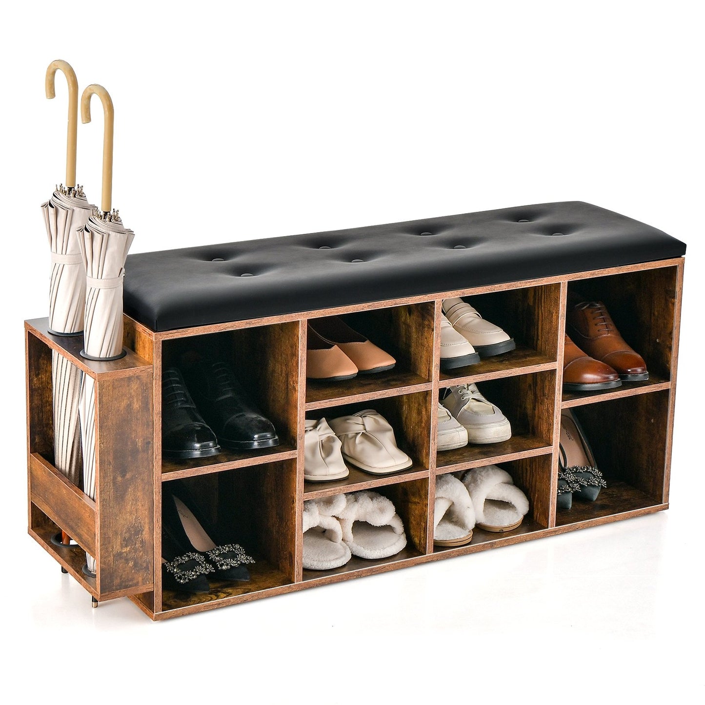 Shoe Storage Bench with Umbrella Stand and Adjustable Shelf, Rustic Brown