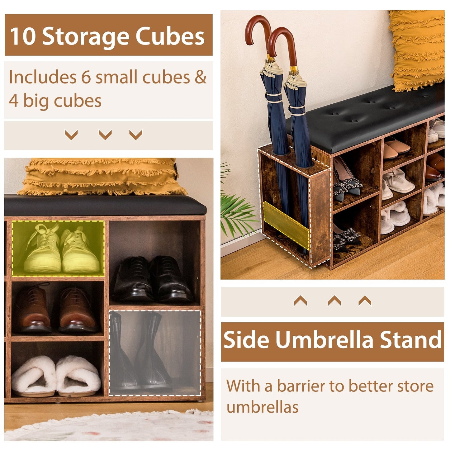 Shoe Storage Bench with Umbrella Stand and Adjustable Shelf, Rustic Brown