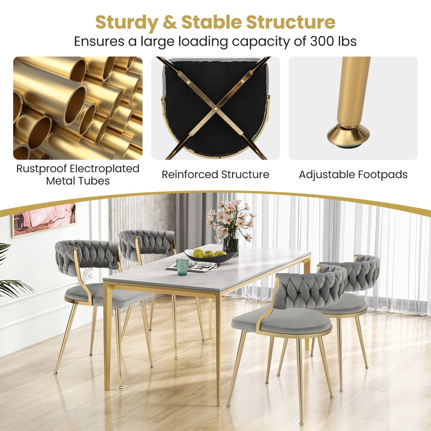 Upholstered Dining Chairs with Golden Metal Legs for Living Room, Gray at Gallery Canada