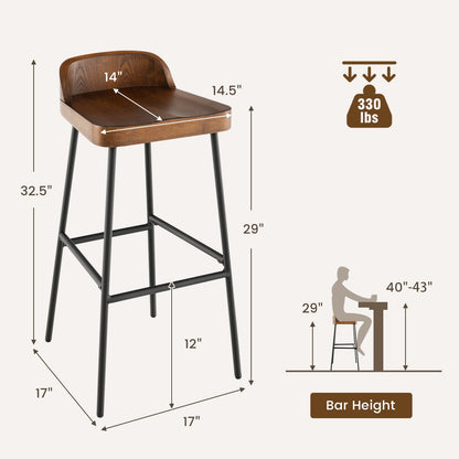 Set of 1/2 29 Inch Industrial Bar Stools with Low Back and Footrests-1 Piece, Rustic Brown