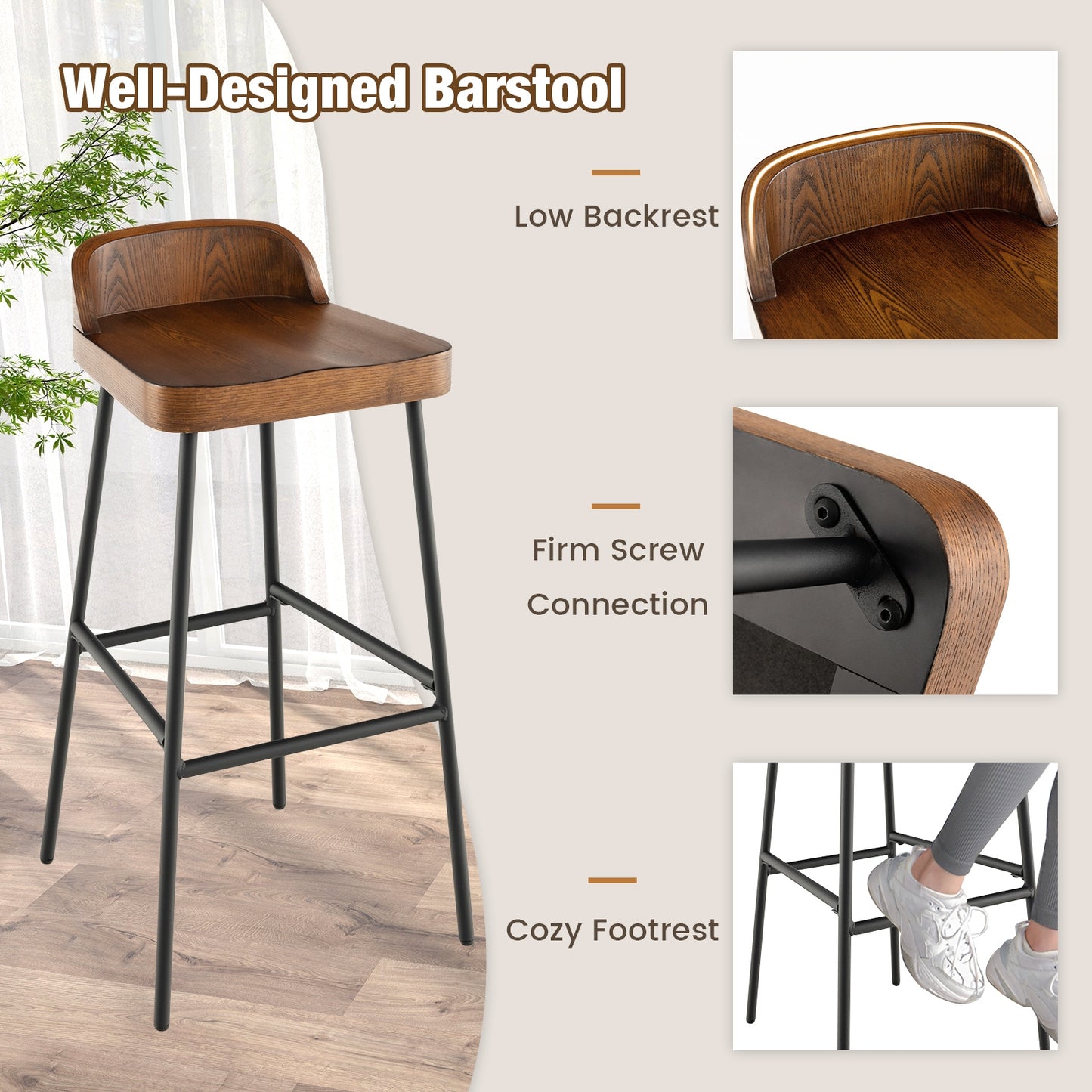 Set of 1/2 29 Inch Industrial Bar Stools with Low Back and Footrests-Set of 2, Rustic Brown Bar Stools at Gallery Canada