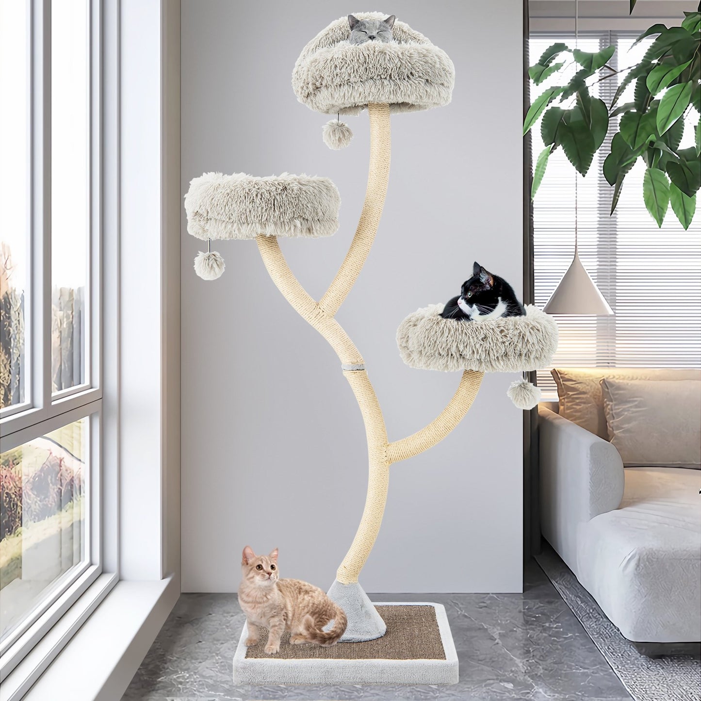 70" Tall Cat Tree 4-Layer Cat Tower with 3 Perches and Dangling Balls, Gray