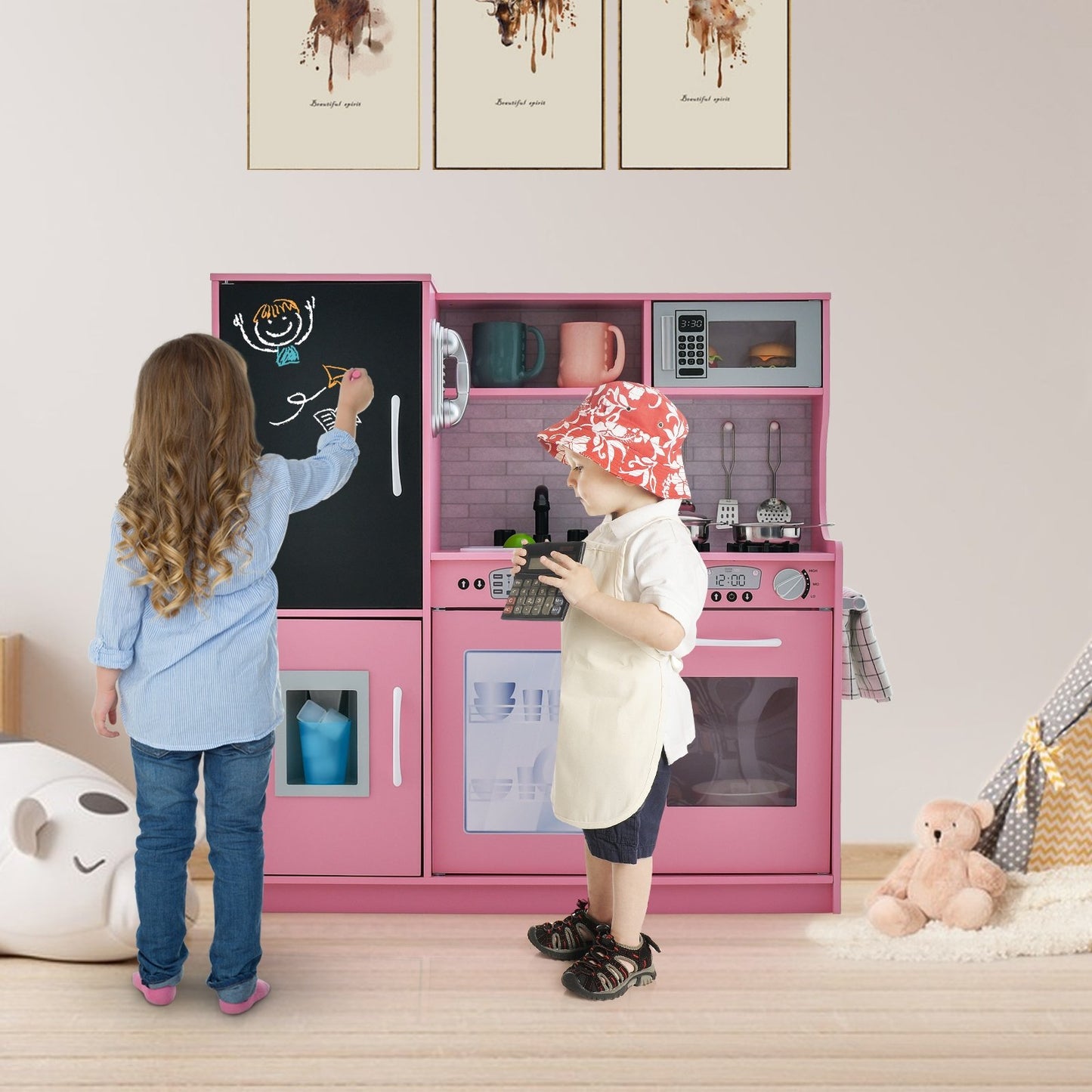 Toddler Pretend Play Kitchen for Boys and Girls 3-6 Years Old, Pink