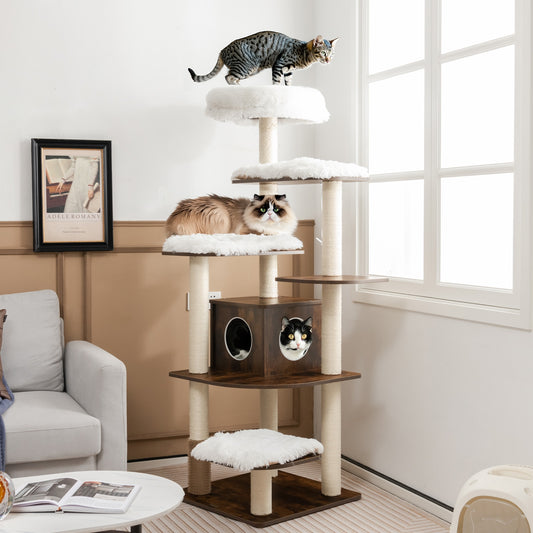 7-Layer Wooden Cat Tree Tower, Sisal Posts, Condo, Brown Cat Trees Condos & Scratchers Brown at Gallery Canada