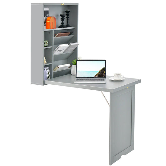 Wall-Mounted Fold-Out Convertible Floating Desk Space Saver, Gray