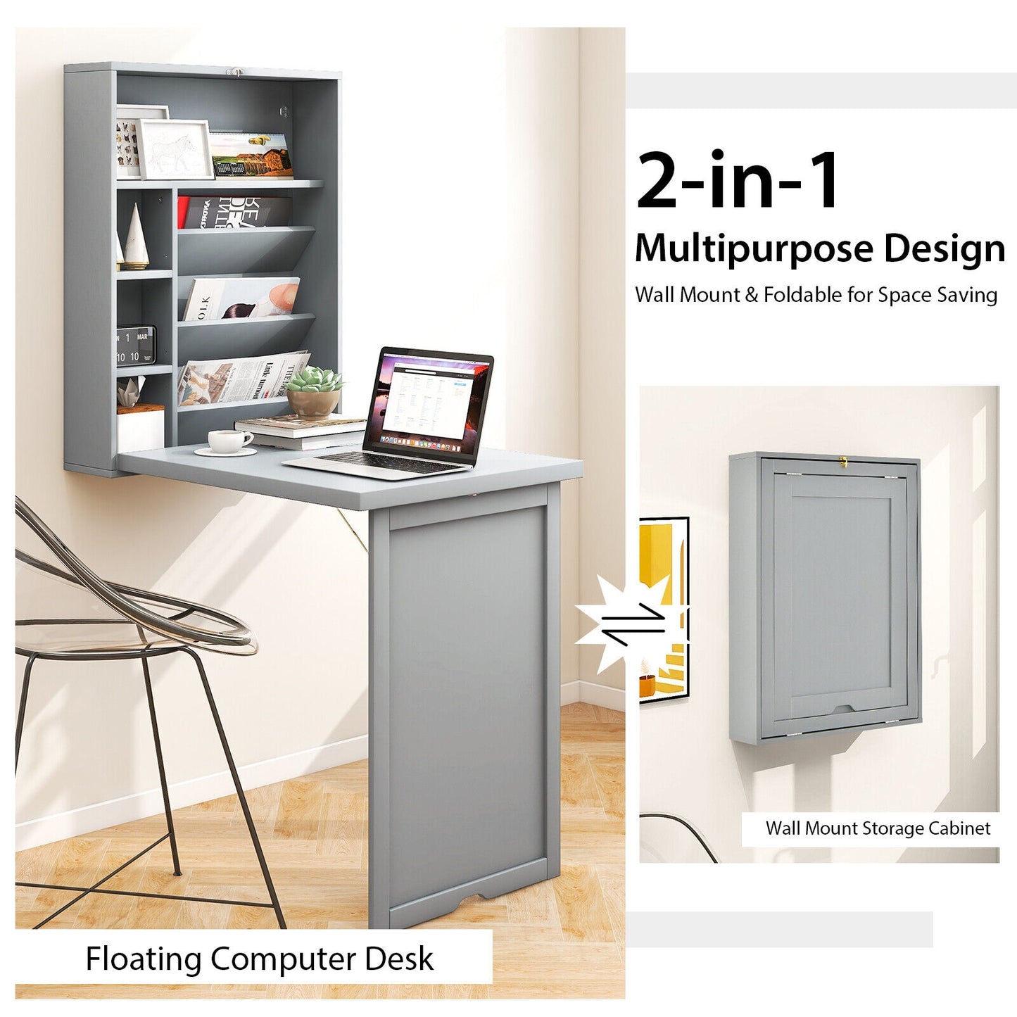 Wall-Mounted Fold-Out Convertible Floating Desk Space Saver, Gray Laptop Tables & Printer Stands at Gallery Canada