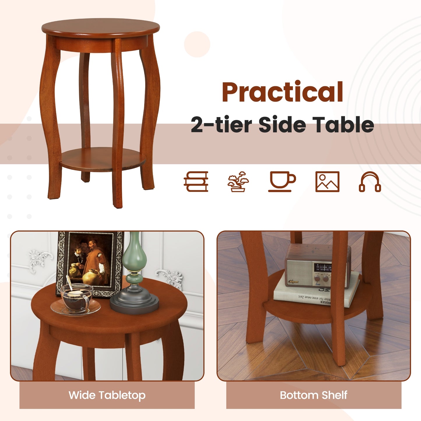 Set Of 2 15 Inch 2-Tier Round End Table With Storage Shelf, Walnut End & Side Tables at Gallery Canada
