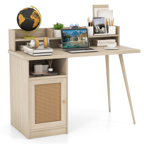 48 Inch Computer Desk with Hutch and PE Rattan Cabinet Shelves, Oak