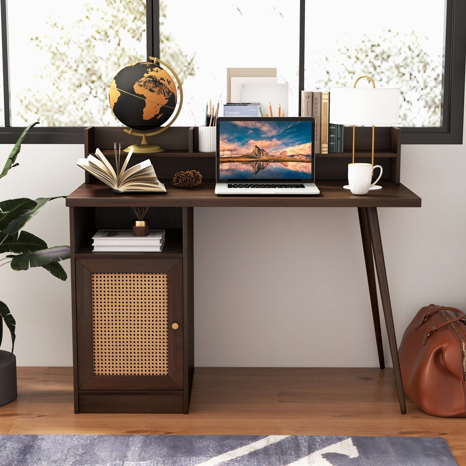 48 Inch Computer Desk with Hutch and PE Rattan Cabinet Shelves, Walnut at Gallery Canada