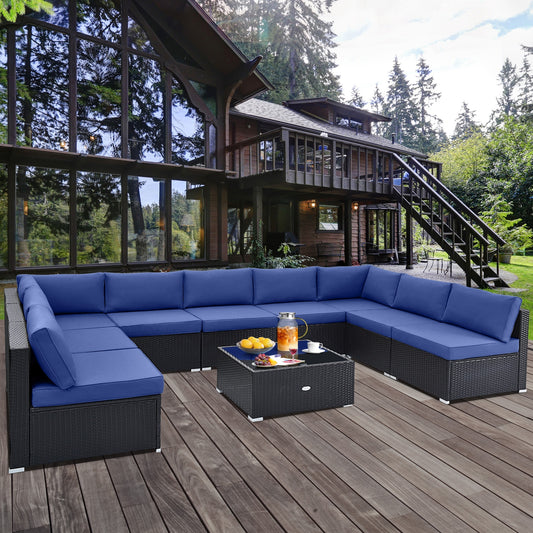 10 Piece Outdoor Wicker Conversation Set with Seat and Back Cushions, Navy Patio Conversation Sets Navy at Gallery Canada