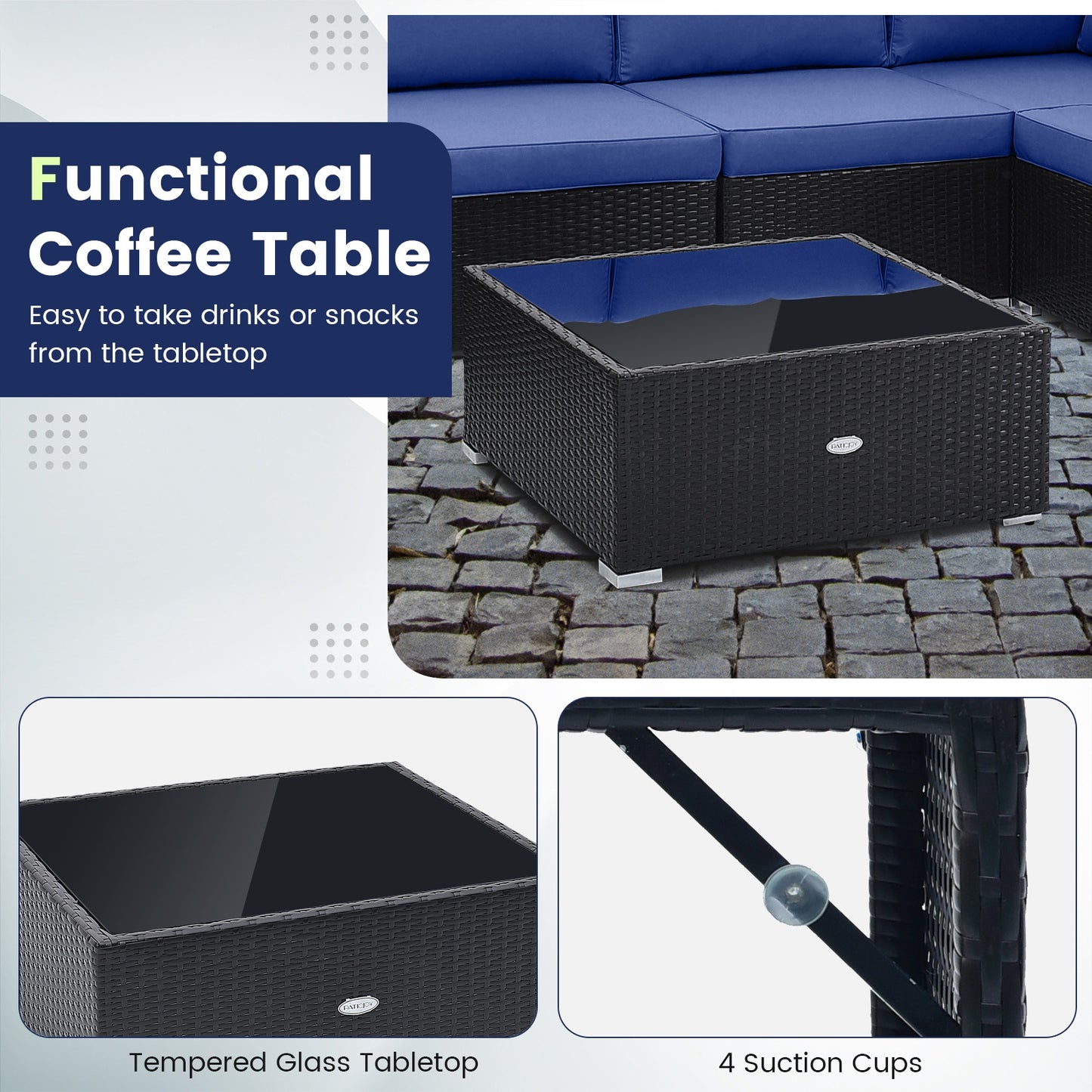 10 Piece Outdoor Wicker Conversation Set with Seat and Back Cushions, Navy Patio Conversation Sets at Gallery Canada