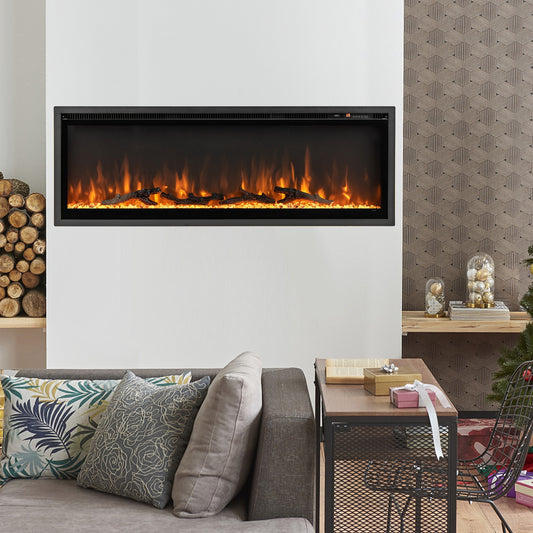 50 Inches Electric Fireplace, In-Wall Recessed, Remote Control, Adjustable Color, Black Fireplaces Black at Gallery Canada