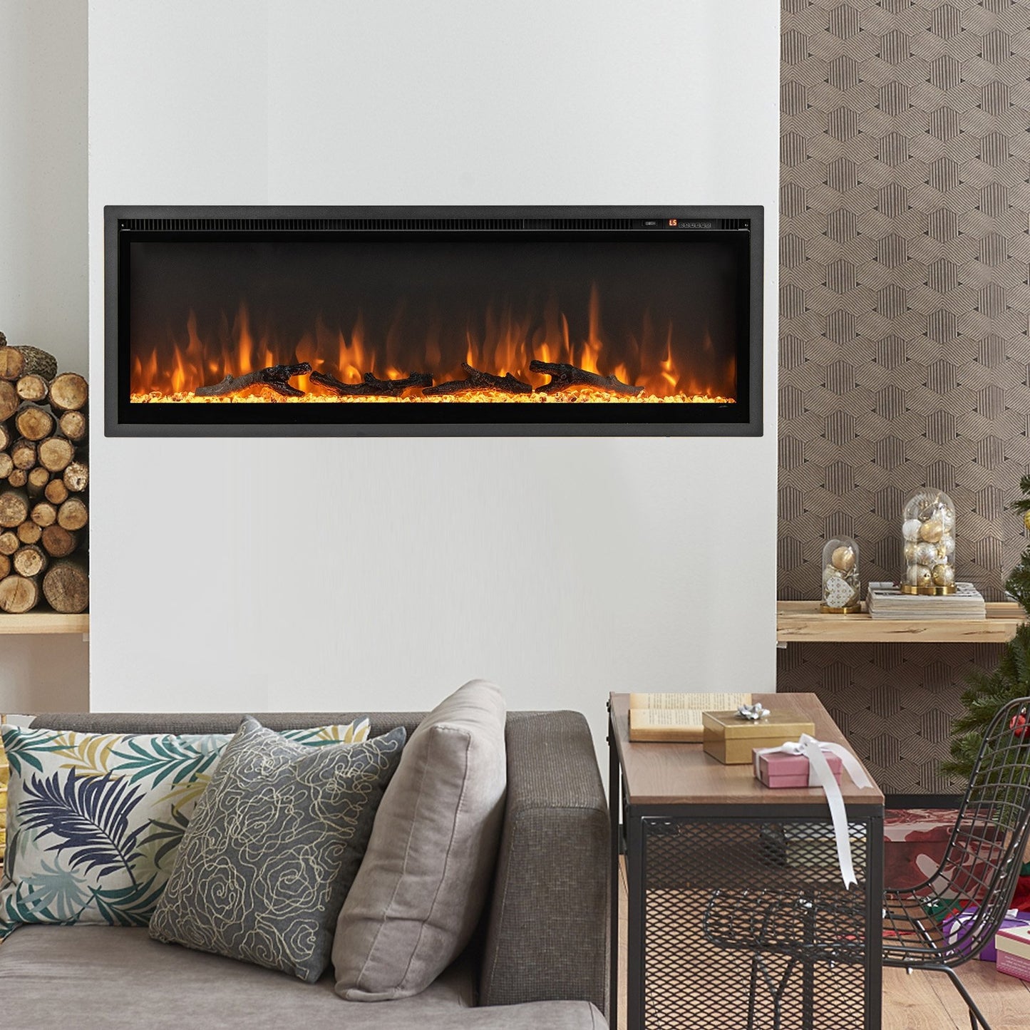 50 Inches Electric Fireplace in-Wall Recessed with Remote Control and Adjustable Color and Brightness-50 inches, Black