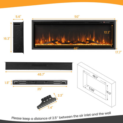 50 Inches Electric Fireplace in-Wall Recessed with Remote Control and Adjustable Color and Brightness-50 inches, Black