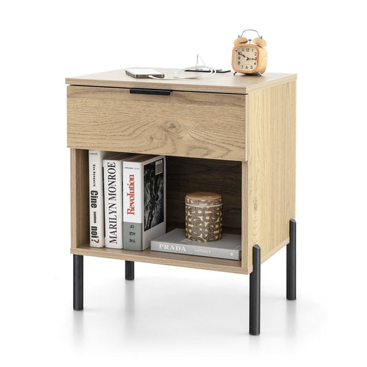Modern Nightstand with Charging Station, Natural