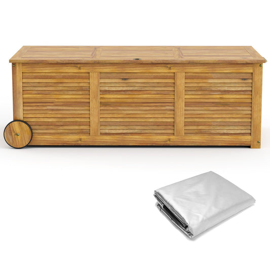 Rolling Patio Wooden Deck Box with 2 Wheelsand Side Handle for Outdoor, Natural