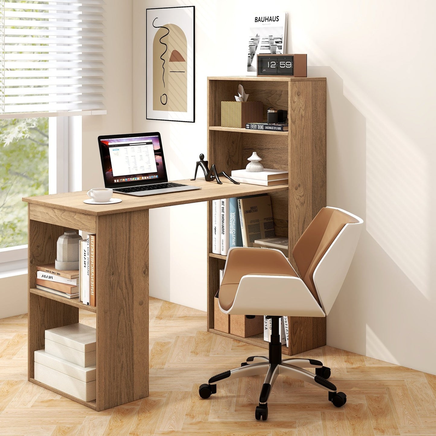 48 Inch Computer Desk with 4-Tier Bookcase and CPU Stand, Natural