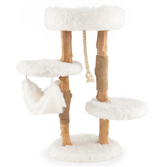 Solid Wood Cat Tower with Jute Scratching Posts and Hanging Rope for Indoor Cats, White