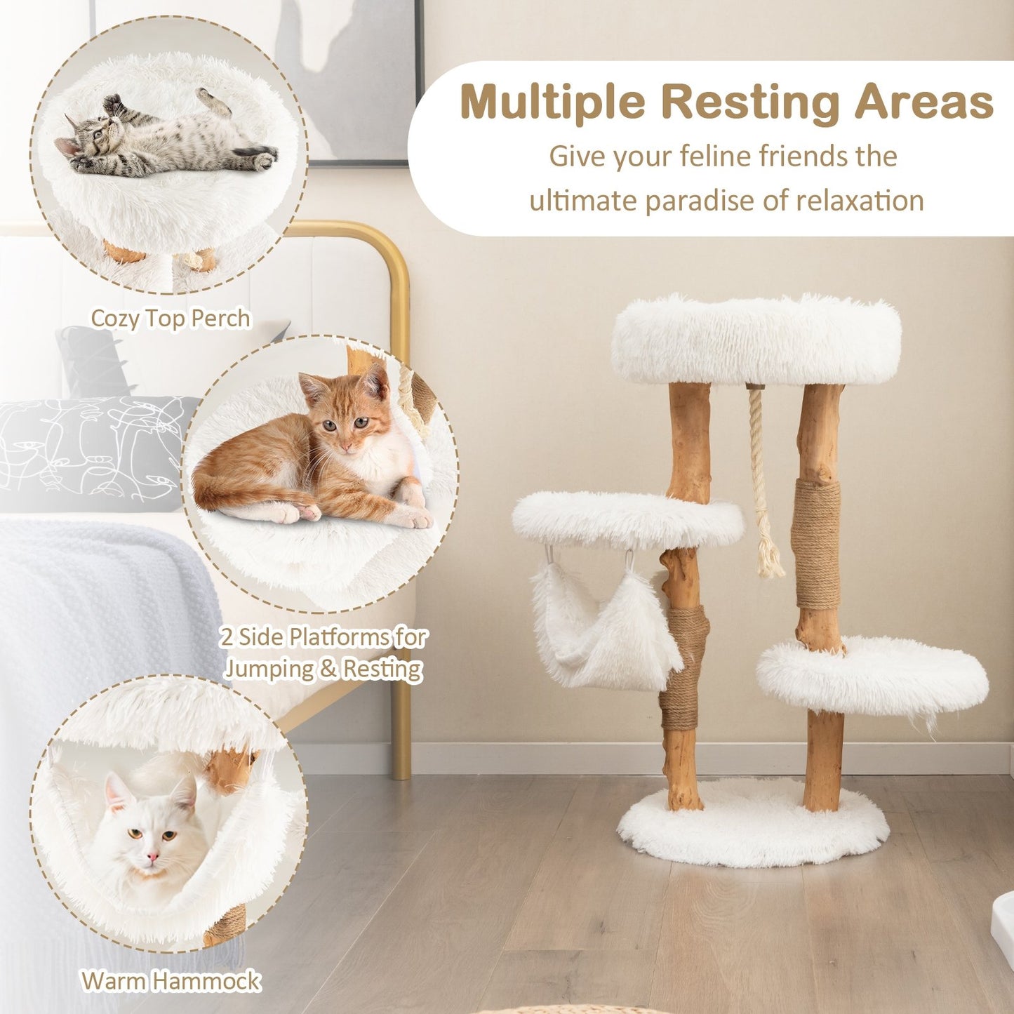 Solid Wood Cat Tower with Jute Scratching Posts and Hanging Rope for Indoor Cats, White