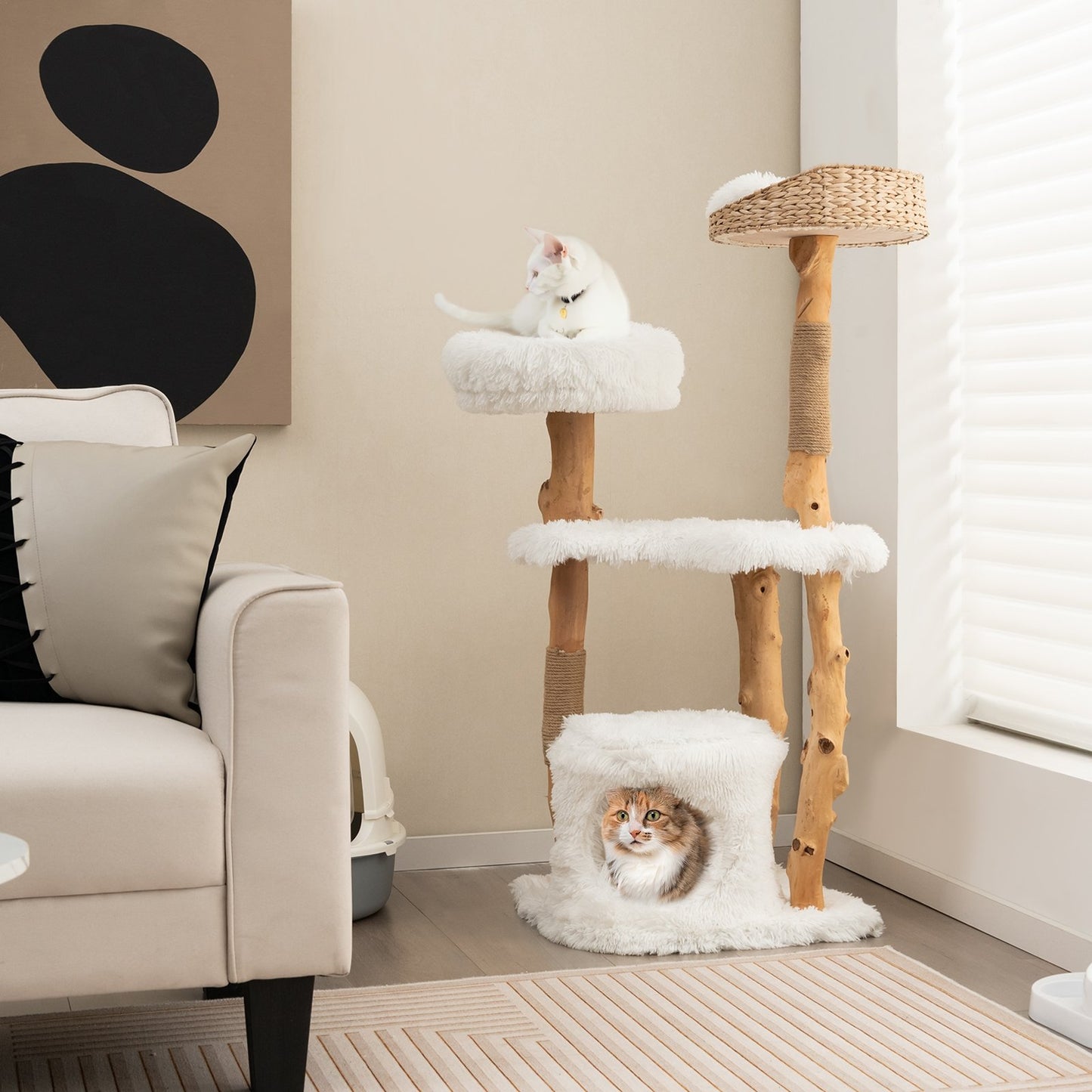 Solid Wood Cat Tower with Top Cattail Basket Cat Bed for Indoor Cats, White