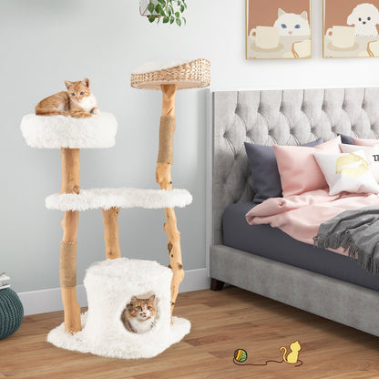 Solid Wood Cat Tower with Top Cattail Basket Cat Bed for Indoor Cats, White