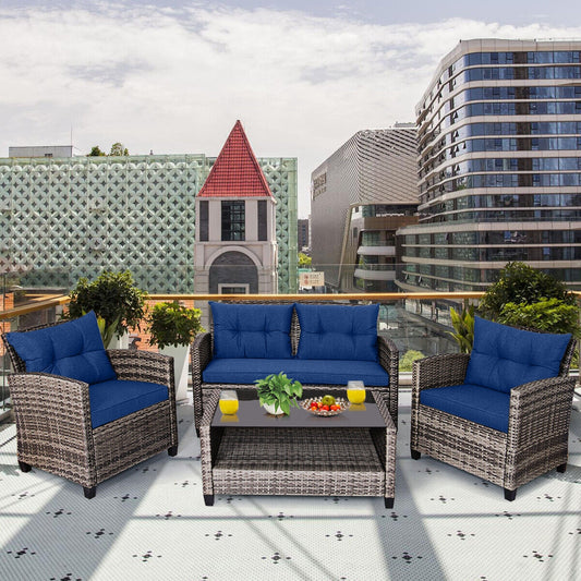 4 Piece Patio Rattan Furniture Set, Coffee Table Cushioned Sofa, Navy