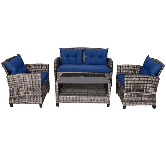 4 Pieces Patio Rattan Furniture Set Coffee Table Cushioned Sofa, Navy