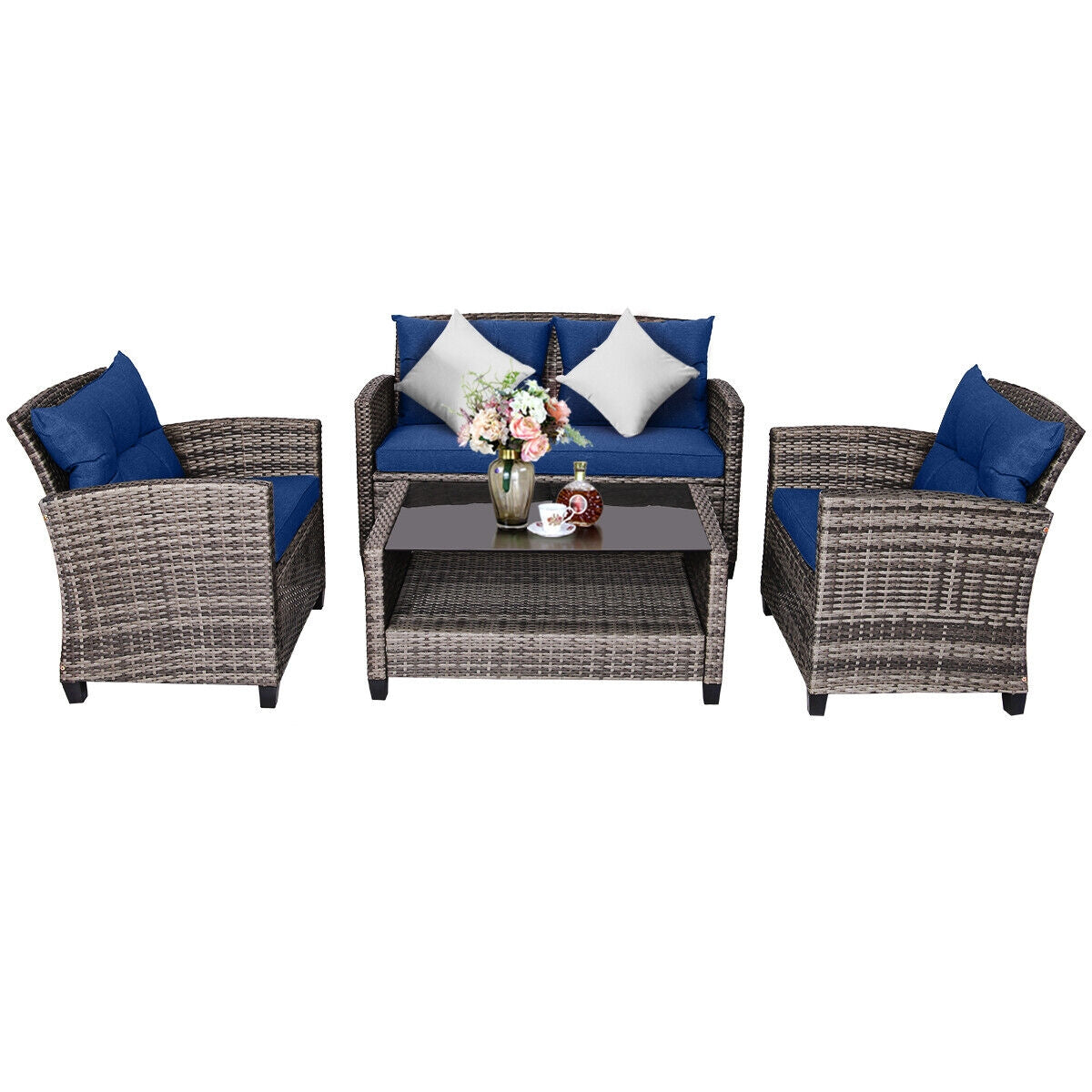4 Pieces Patio Rattan Furniture Set Coffee Table Cushioned Sofa, Navy Patio Conversation Sets at Gallery Canada