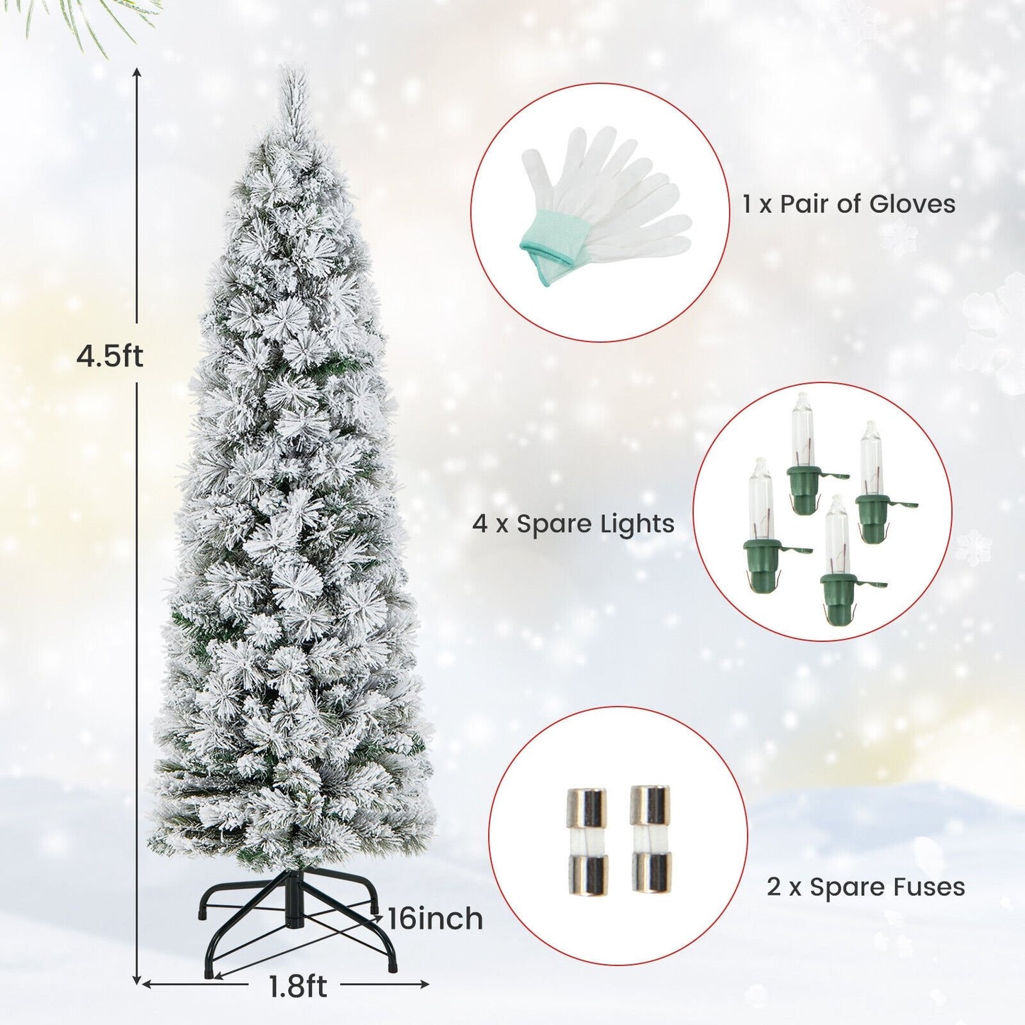 4.5/6/7 Feet Christmas Tree with 258 Branch Tips and 100 Incandescent Lights-Flocked and Slim-4.5 ft
