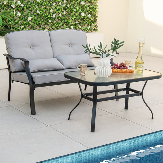 Outdoor Loveseat Chair Set, With Tempered Glass Coffee Table, Gray Patio Dining Sets Gray at Gallery Canada