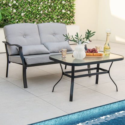 Outdoor Loveseat Chair Set with Tempered Glass Coffee Table, Gray