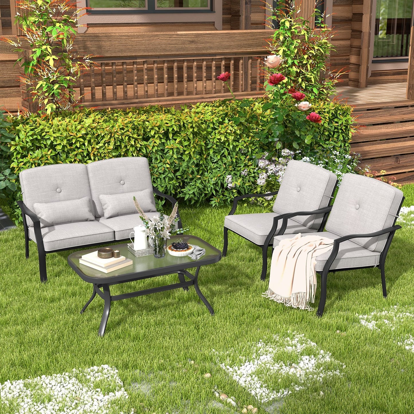 Outdoor Loveseat Chair Set with Tempered Glass Coffee Table, Gray